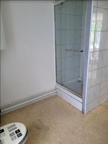 une salle de bain avec douche et toilettes dans l'établissement La Halle qui mène au Château, à Sedan