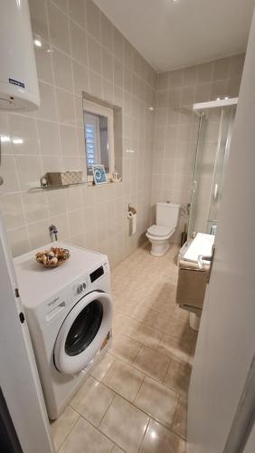 a bathroom with a washing machine and a toilet at Villa More in Postup