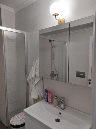 a bathroom with a sink and a mirror and a shower at Apartament Solid Resindence Butoaie in Mamaia