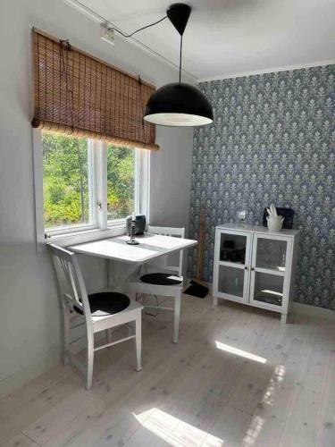 a kitchen with a white table and two chairs at Solbackens guesthouse with sauna by the lake in Hammarö
