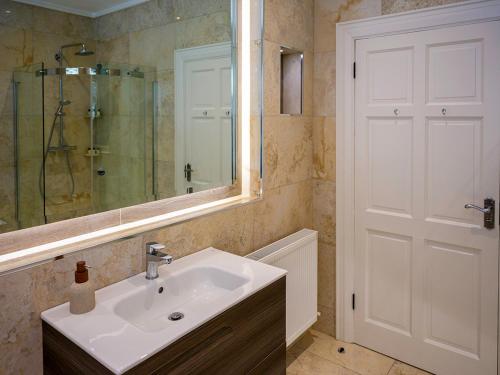 a bathroom with a sink and a shower and a mirror at Dawn Chorus house, Ravensdale in Dundalk
