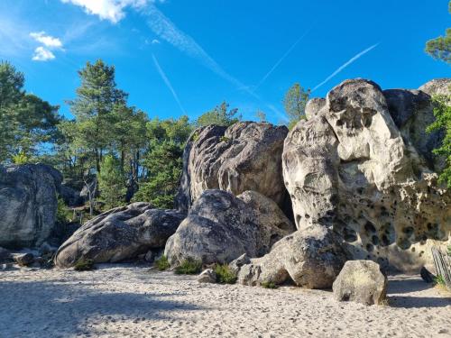 une pile de rochers sur une plage arborée dans l'établissement Gîte des Sources-Rumont, à Rumont