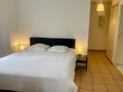 une chambre avec un grand lit blanc avec deux oreillers dans l'établissement Appartement le Paul Bert Auxerre Les Quais 2 personnes, à Auxerre