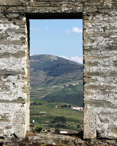 a window in a brick wall looking out at a field at Dois Lagares House in Pinhão