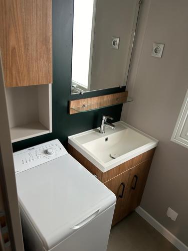莱马特Mobil home climatisé 6,8 Pers SIBLU BONNE ANSE PLAGE LA PAMYRE LES MATHES的带水槽和镜子的小浴室