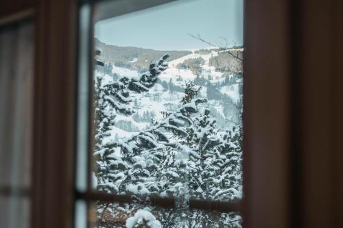 a view of a snow covered mountain from a window at Wohnung Homely - Nähe Grindelwald Terminal in Grindelwald