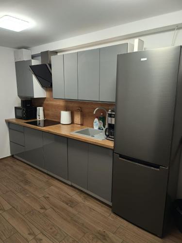 a kitchen with a refrigerator and a sink at Apartament Japko in Gliwice