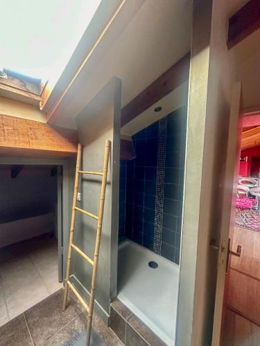 La salle de bains est pourvue d'une douche avec une échelle. dans l'établissement Beau loft en centre-ville vue mer, à LʼÎle-Rousse