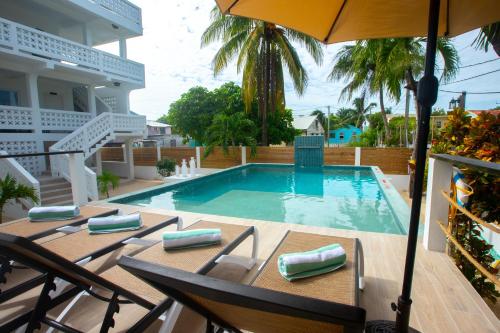a swimming pool with chairs and an umbrella at Treetops Hotel in Caye Caulker