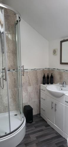 a bathroom with a shower and a sink at One Twenty B in Stockton-on-Tees