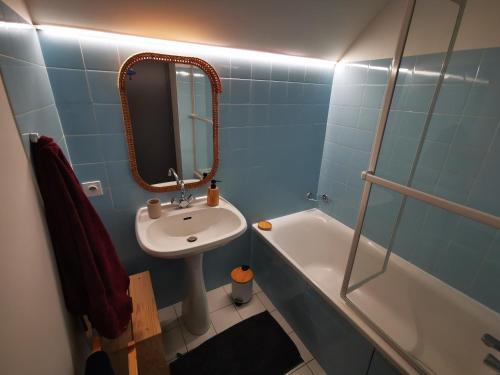 une salle de bain avec un lavabo, un miroir et une baignoire dans l'établissement Gîte de la pie-grièche, à Saint-Christophe-en-Brionnais