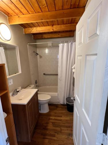a bathroom with a white toilet and a sink at Garden of the Gods Motel in Colorado Springs