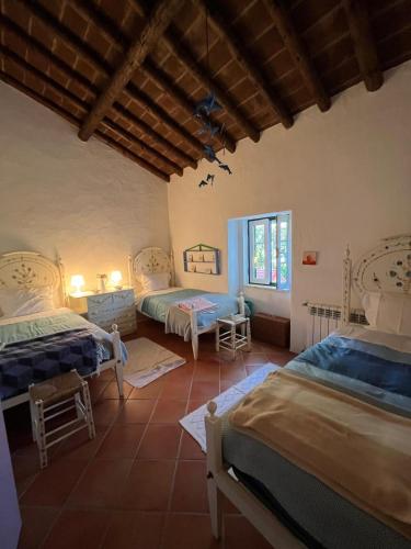 a room with two beds and a window at Courela da Anta in Vimieiro