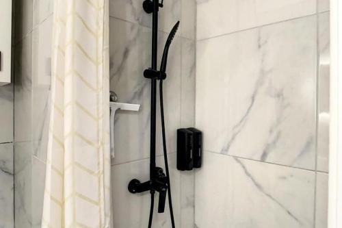 La salle de bains est pourvue d'une douche avec rideau de douche. dans l'établissement L'Haneri - Center, WIFI - Comfort et Modern Style, à Amiens