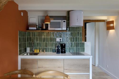 une cuisine avec un évier et un plan de travail dans l'établissement Le Petit Balinais - Standing - Wifi, à Pérols