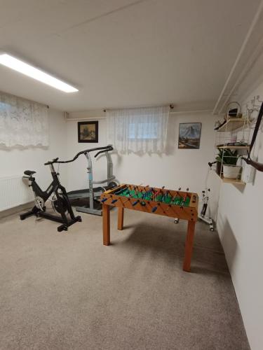 a room with a gym with a bench and a treadmill at Holiday Home Moldava in Moldava