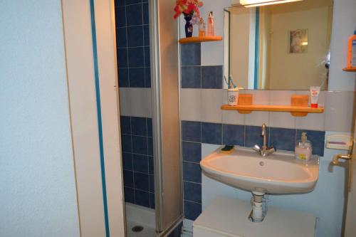une salle de bain avec un lavabo et un miroir dans l'établissement Maison 2 pièces mezzanine 5 couchages ARGELES SUR MER AR150-066, à Argelès-sur-Mer