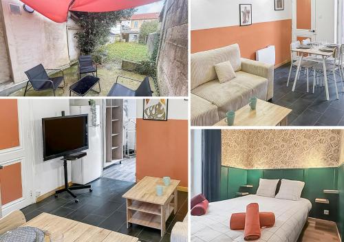 un collage de photos d'un salon avec un canapé et une télévision dans l'établissement Havre de Paix avec Jardin Privé, à Angoulême