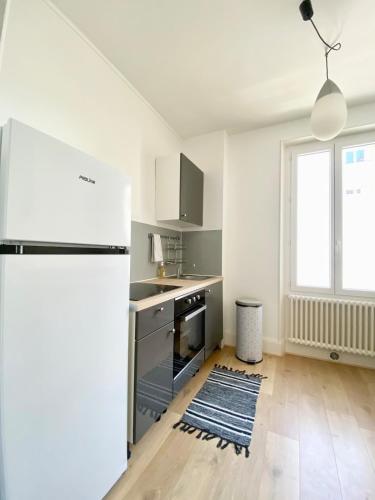 une cuisine avec un réfrigérateur et un plan de travail dans l'établissement Dijon Centre ville Gare Parc Darcy, à Dijon