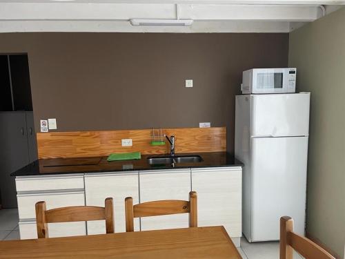 Duplex Rio Uruguay 161 في مونتي هيرموسو: مطبخ مع ثلاجة بيضاء وميكروويف