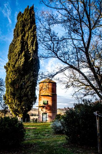 an old brick tower in a field with a tree at Tenuta di Paganico - I Roggeti in Paganico