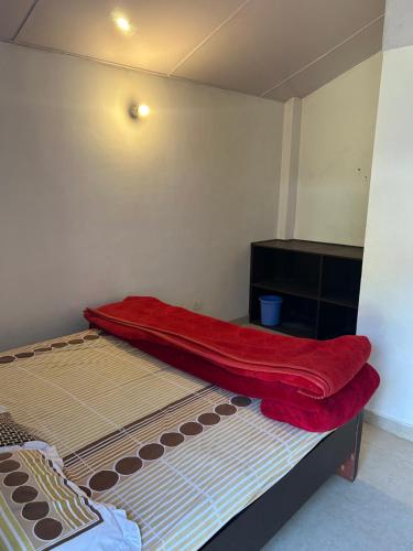 a bedroom with a bed with a red blanket on it at Shivalik HomeStay & BayleafCafe in Nainital