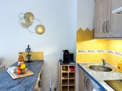 une cuisine avec un évier et un plan de travail dans l'établissement Appartement Le Cocon Provencal - Parking Jardin Clim, à La Ciotat