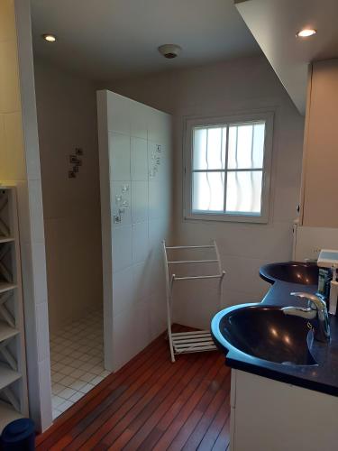 une salle de bain avec un lavabo et une douche dans l'établissement 01 - Pornicaise aux volets bleus, à Pornic