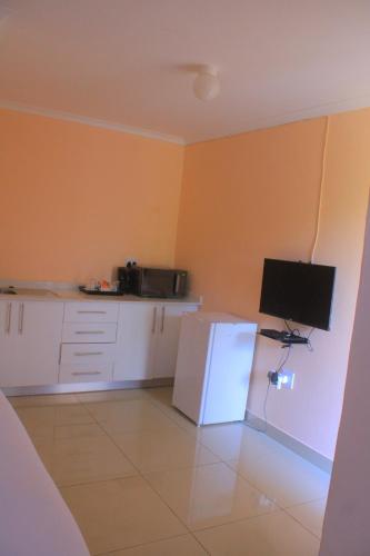 a kitchen with a white refrigerator and a television at Mco residence in Lusikisiki