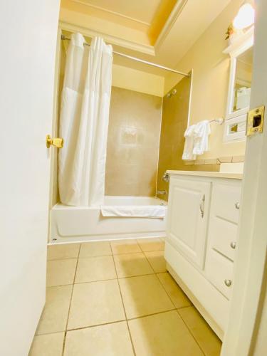 a bathroom with a shower with a shower curtain at 1 bedroom terrace view with shared bathroom #3 in Laurel