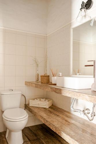 a bathroom with a toilet and a sink and a mirror at Aleixo's House | Alentejo in Monforte