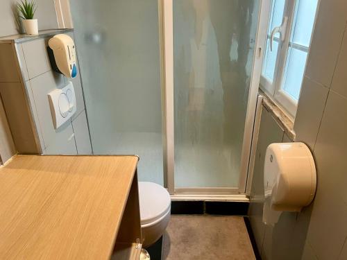a small bathroom with a toilet and a desk at Bairro Alto Hostel in Lisbon