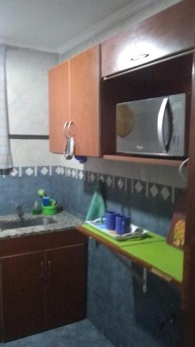 a kitchen with a sink and a microwave at Silvia 1 in Olavarría