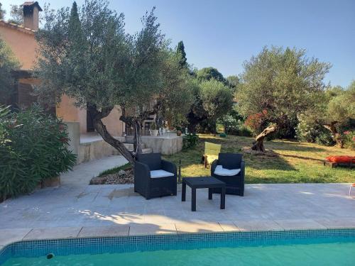 - deux chaises et une table à côté de la piscine dans l'établissement Provencal villa with pool, 1500m2 grounds, à Solliès-Ville