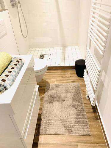 a bathroom with a shower and a toilet and a rug at Großartige Wohnung mit großem Garten in Bad Schwartau! in Bad Schwartau