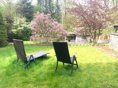 two chairs and a bench sitting in the grass at Großartige Wohnung mit großem Garten in Bad Schwartau! in Bad Schwartau