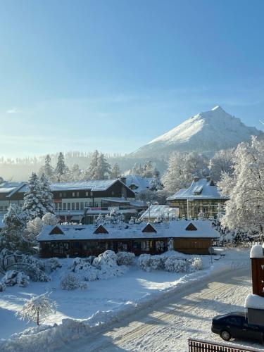 a town covered in snow with a mountain in the background at Lomnica Lodge in Vysoké Tatry