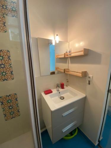 une salle de bain avec un lavabo blanc et une douche dans l'établissement Paris 19 Studio mezzanine,calme,ensoleillé, à Paris