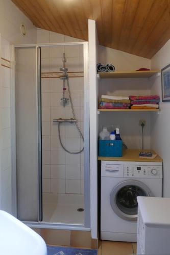 a shower in a bathroom with a washing machine at grand studio duplex avec jardin in La Trinité-sur-Mer