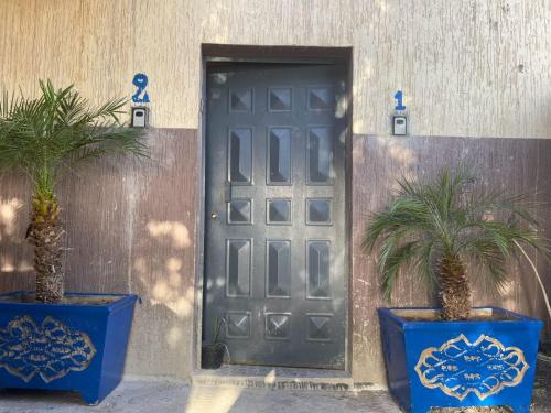 a black door with two palm trees in front of it at Riad Targante Takate 2 in Takkat