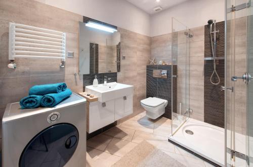 a bathroom with a sink and a toilet and a shower at Abra 2 Apartments in Krakow