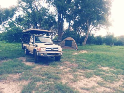 a white truck parked in a field with a tent at Savuti Mobile Camping Safaris in Kasane