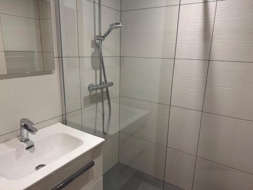 une salle de bain avec douche et lavabo dans l'établissement Appartement cozy 3P à 5m du front de neige avec parking et terrasse - FR-1-464-236, à Pralognan-la-Vanoise