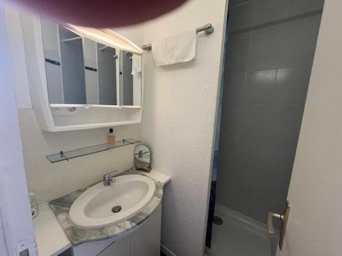 une petite salle de bain avec un lavabo et un miroir dans l'établissement T2 Cabine RdC - Près Plages, Animaux Bienvenus - FR-1-749-81, au Cap d'Agde