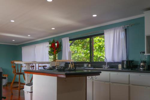 a kitchen with a counter top and a window at Condiminium Villas Mymosa in Manuel Antonio