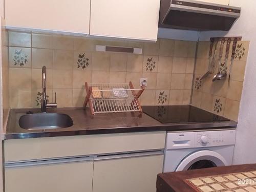une cuisine avec un évier et une machine à laver dans l'établissement Appartement 2 pièces avec piscine, tennis et parking, animaux permis, à 500m de la mer - FR-1-776-121, à Argelès-sur-Mer