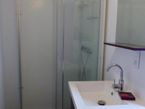 une salle de bain avec un lavabo et une douche dans l'établissement Maison familiale au calme avec jardin clos, proche thermes - FR-1-489-563, à Néris-les-Bains
