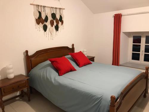 a bedroom with a bed with two red pillows at Gîte cosy avec WIFI et parking, proche nature - FR-1-589-781 in Le Clerjus