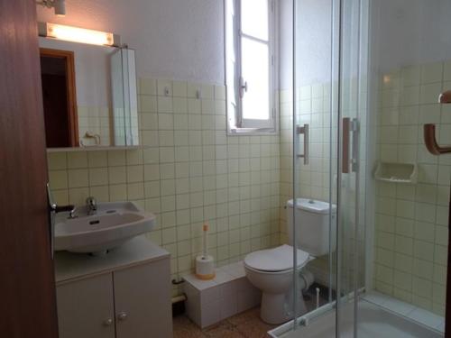 une salle de bain avec toilettes, lavabo et douche dans l'établissement Bel Appartement T3 Climatisé, 50m Plage, Parking - FR-1-776-119, à Argelès-sur-Mer