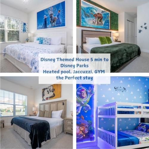 a collage of three pictures of a bedroom at Themed Disney House 5 min to Disney Parks, Heated Pool, Jacuzzi, Gym and more in Orlando